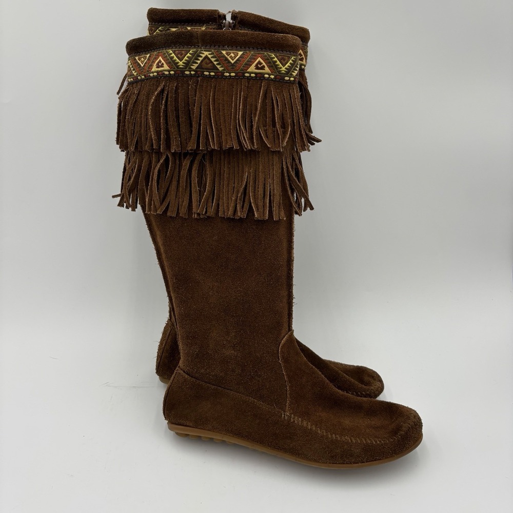 Minnetonka Brown Moccasins 2 Layer Fringe Calf High Suede Leather Boots Womens 7